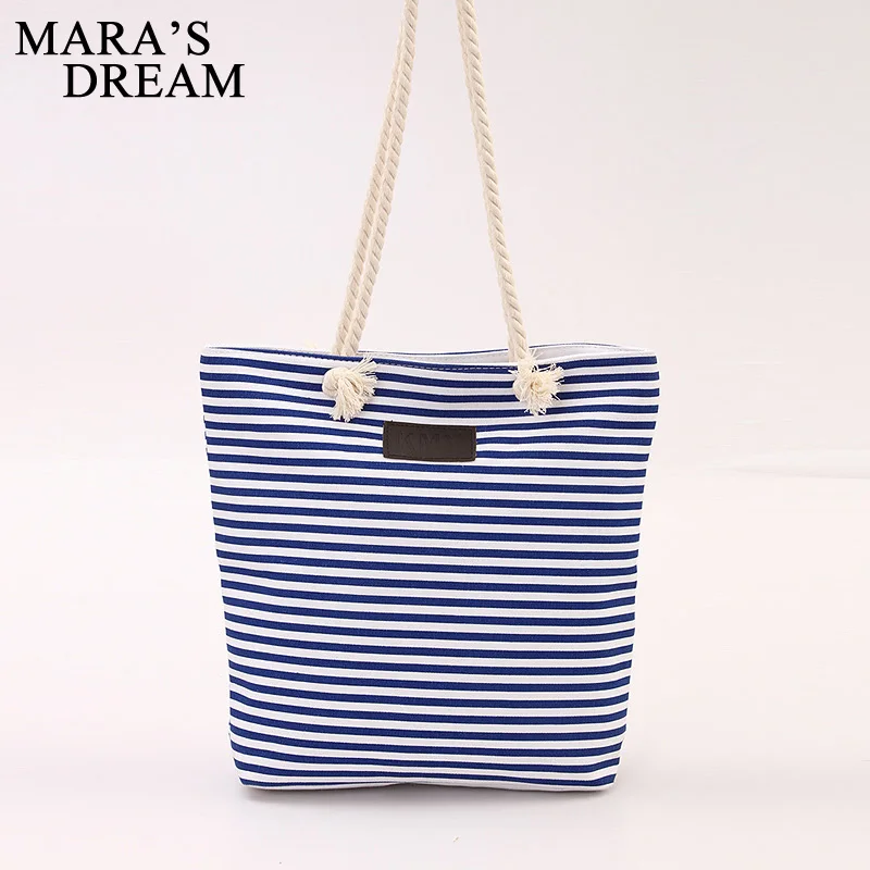 Mara's Dream Fashion Canvas Unisex Stripe Women Zipper Handbag Strap Coffee Shopping Bag Shoulder Bag Lady Bags