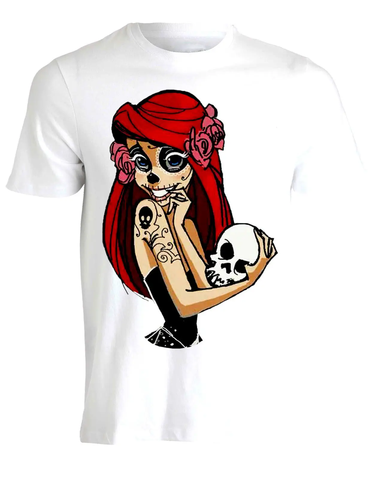 Pin Up Sugar Skull Ариэль тату альт хипстер маленькая Русалка Мужская футболка Топ AH45 100%