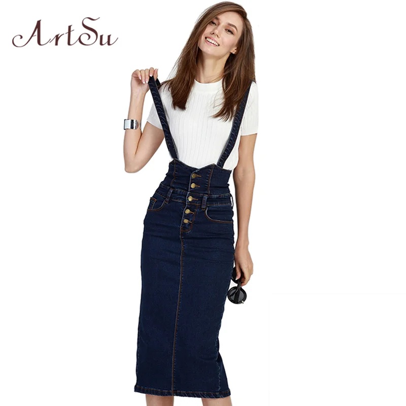

ArtSu Vintage Women's Denim Button Skirt 2017 Elastic Slim Jeans Skirts Strap Pockets High Waist Long Skirts Plus Size ASSK50009