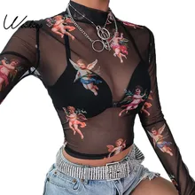 Weekeep, сексуальная Прозрачная облегающая футболка с длинным рукавом, Женская водолазка с принтом ангела, обрезанная футболка, летняя уличная одежда, укороченный топ