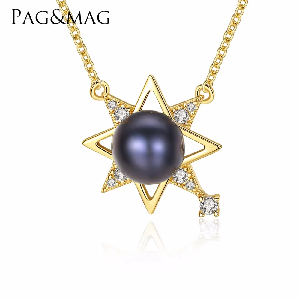 

PAG&MAG Newest 18K Gold-color 925 Sterling Silver Chic pearl Pendant Necklace Girls Wedding Accessories Lucky Star Shape Jewelry