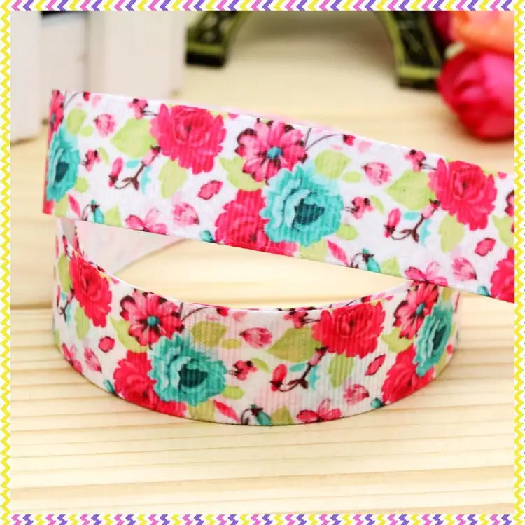 

7/8'' Free shipping flowers printed grosgrain ribbon headwear hair bow diy party decoration wholesale OEM 22mm B1081