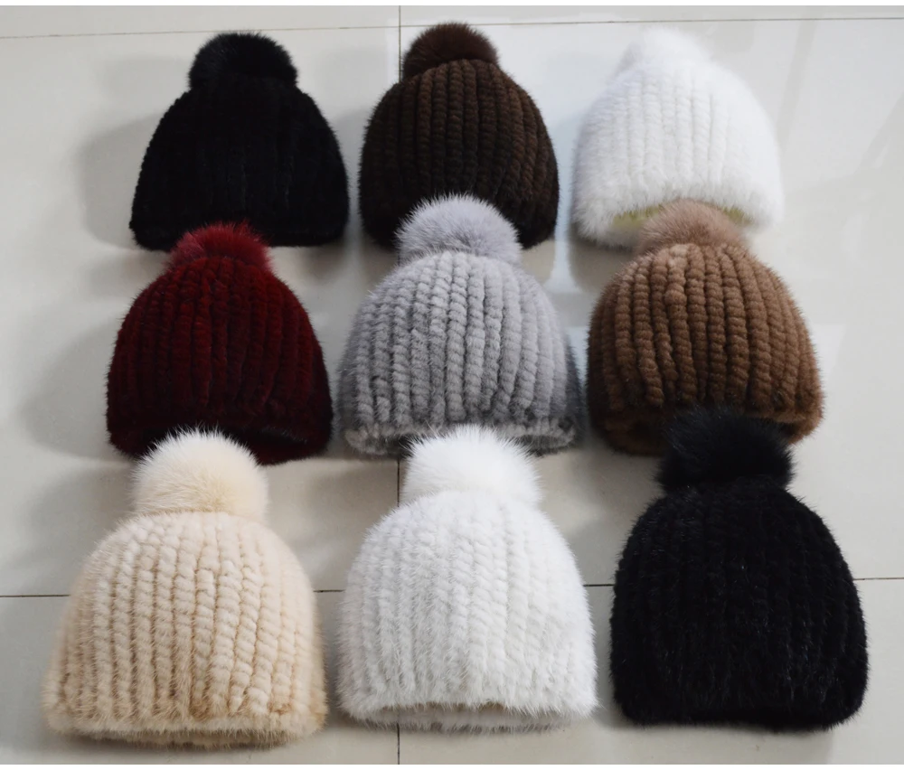 Lovely Real Mink Fur Hat Women Winter Knitted Real Mink Fur Beanies Hats With Fox Fur Pom Poms New Thick Real Mink Fur Cap