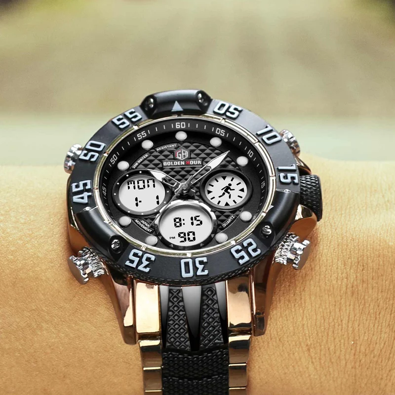 GOLDENHOUR Top Brand Men Military Sport Watch Men LED Analog Digital Watch Army Stainless Quartz Cl