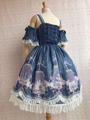 Navy Blue Unicorn's Secret Garden~ сладкий Печатный Лолита JSK платье w. Съемные рукава от Yiliya - Цвет: Navy Blue