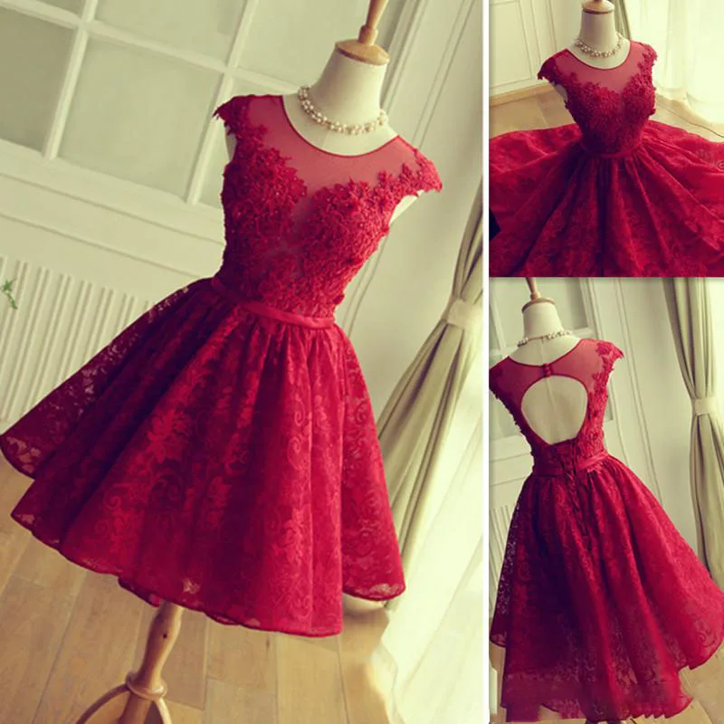 

Red Lace Prom Dresses Short Skirt Sheer Neck Tulle Appliques Graduation Homecoming Party Gowns Vestidos De Fiesta