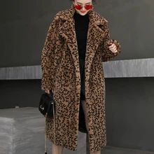 Женское зимнее длинное пальто из искусственного меха с отложным воротником, Женская Толстая теплая куртка из флока, модная леопардовая парка размера плюс Z1009