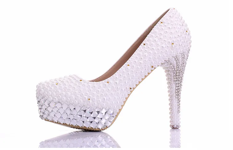 Женские свадебные туфли с белым жемчугом; туфли на платформе; модельные туфли на высоком каблуке с круглым носком для невесты; женская обувь; женские туфли-лодочки; большие размеры - Цвет: 11cm heels