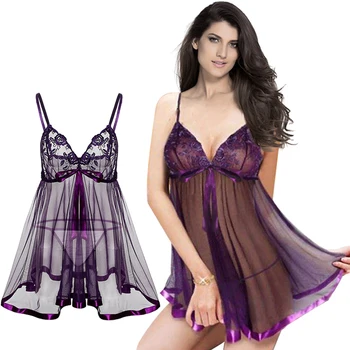 

HOT! New 2018 Lace Mesh Women Sexy Lingerie Purple Floral Lace Slips Deep V-neck Perspective Bow Sling Pajamas
