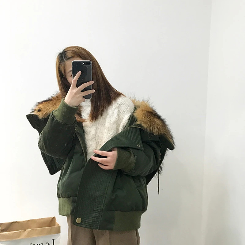 

Short Warm Raccoon Fur Collar Coat Women Winter Real Raccoon Fur Liner Loose Warm Jacket Women Bomber Parka Female Ladies