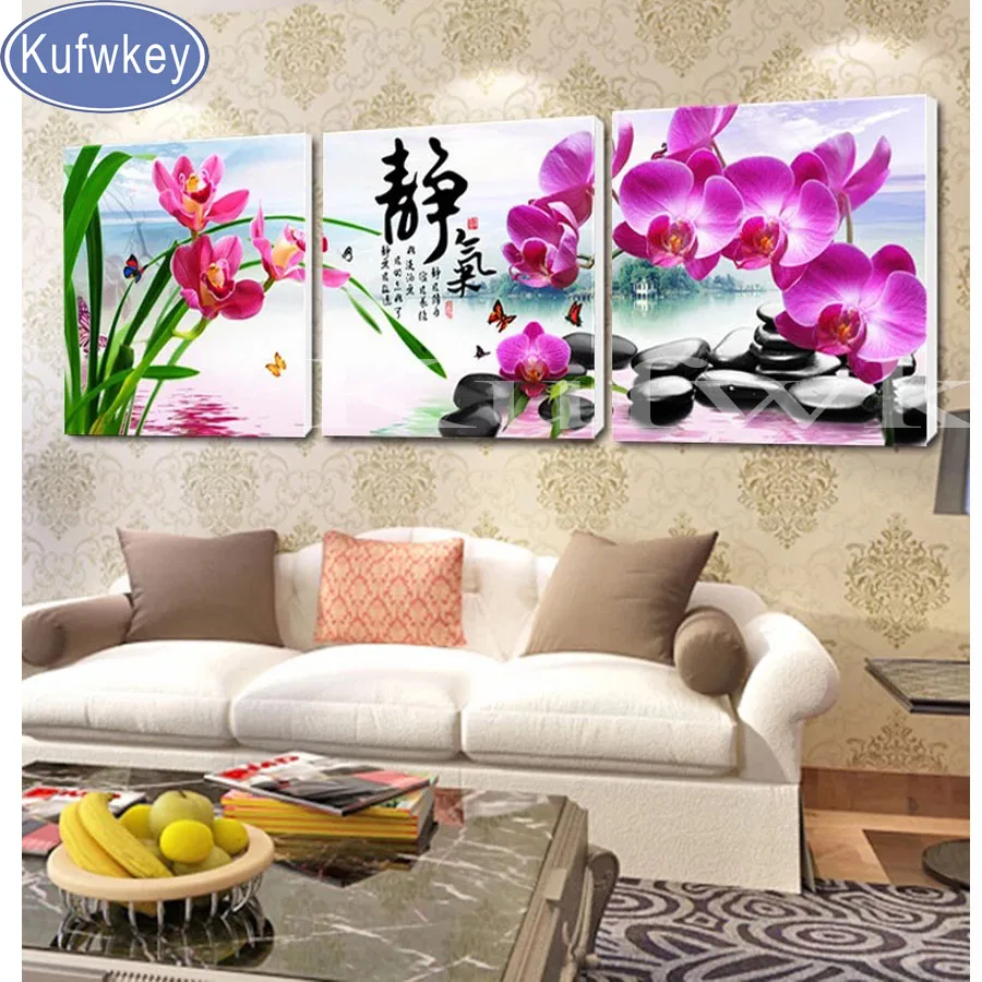 3 pcs Orchid stone 5d diy diamond painting square drill embroidery mosaic modern triptych home decoration 3d | Дом и сад