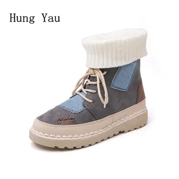 

Women Snow Boots Ankle Martin 2018 Winter Warm Female Casual Socks Shoes Woman Flat Fashion Round Toe Lace Up Platform