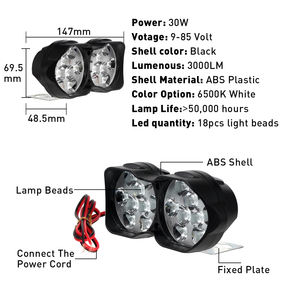 Высокая мощность, 12 Вт, 15 Вт, 30 Вт, супер яркий светодиодный светильник для мотоцикла, противотуманное пятно, белый головной светильник, рабочий светильник 12 В, 4, 6, 9, 18 светодиодный, чипы
