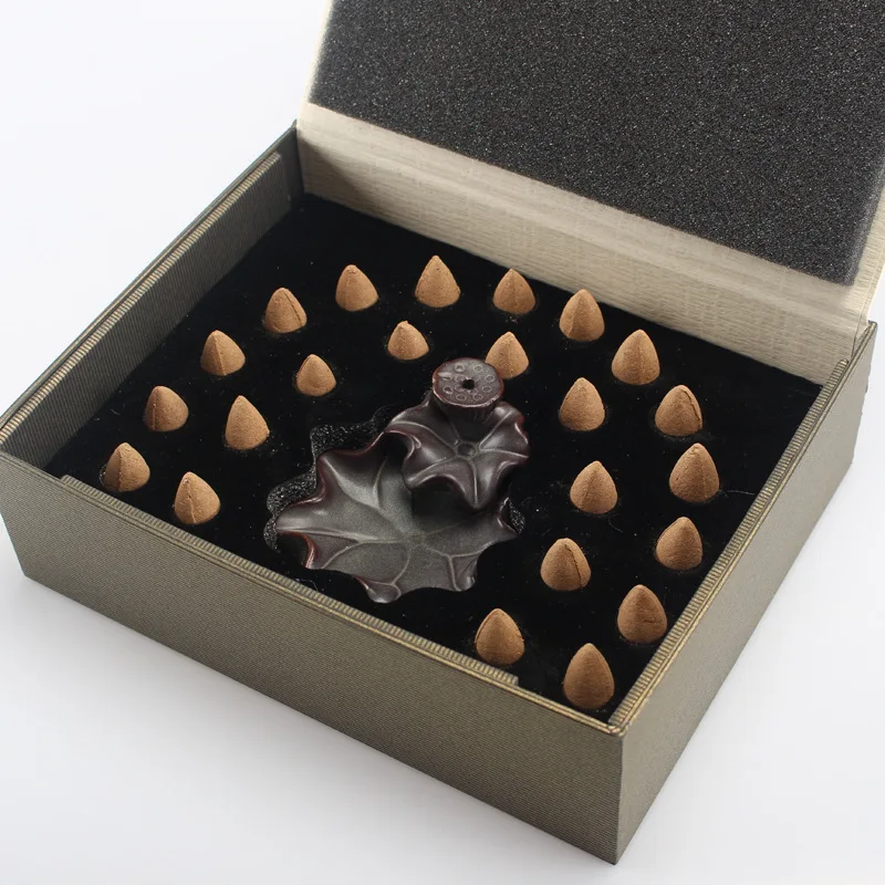 

New Backflow Incense Cones in Gift Box with the Ceramic Holder Lotus Burner ( 23 +10 ) pcs Sandalwood Cone Incense