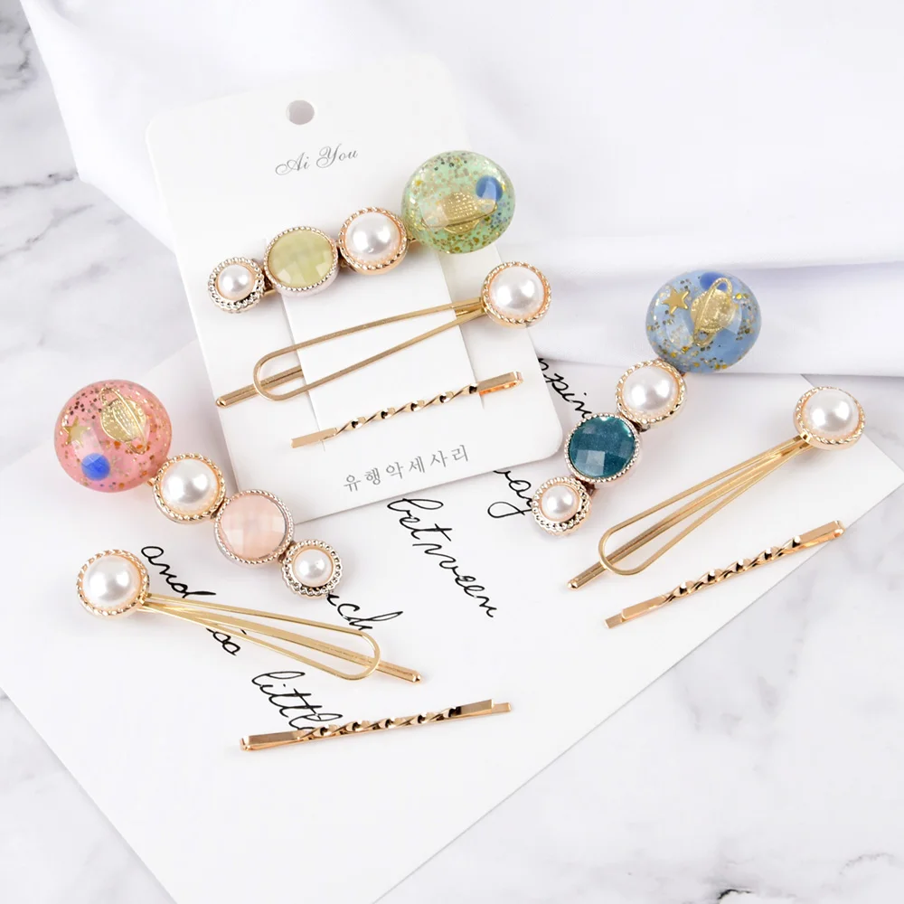 

3pcs/Pack New Women Planet Pearl Hair Clips Geometric Alloy Hairpins Sweet Headband Barrettes Fashion Hair Accessories
