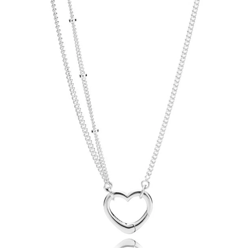 

New 925 Sterling Silver Necklace Two Chains Open Love Heart Chain Link Necklace For Women Wedding Gift Pandora DIY Jewelry