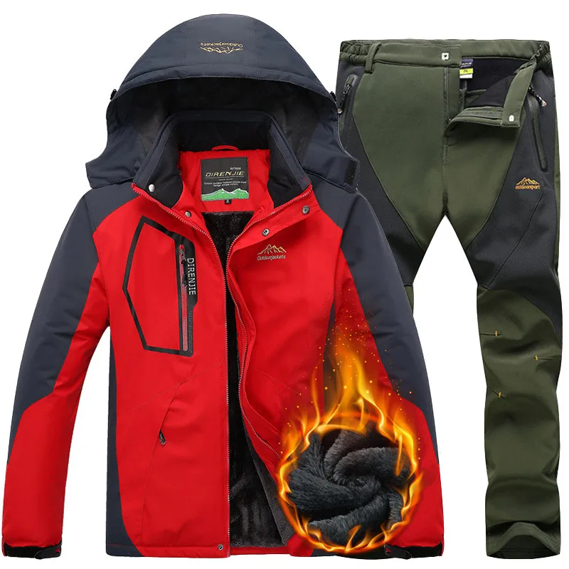 CCIVICFREE, Мужская водонепроницаемая куртка, брюки, для походов, походов, охоты, куртки, мужские, зимние, тепловые, флис, сноуборд, лыжный костюм - Цвет: Red  Army green