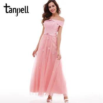 

Tanpell long bridesmaid dress light plum off the shoulder appliques ankle length a line gown cheap women prom bridesmaid dresses