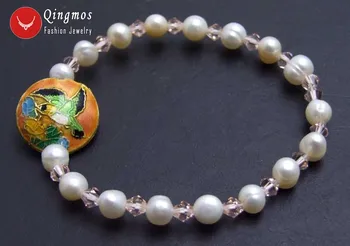 

Qingmos Trendy 5-6mm White Natural Pearl Bracelets for Women with Pink Crystal and 18mm Cloisonne Bracelet 7.5'' Jewelry-bra390