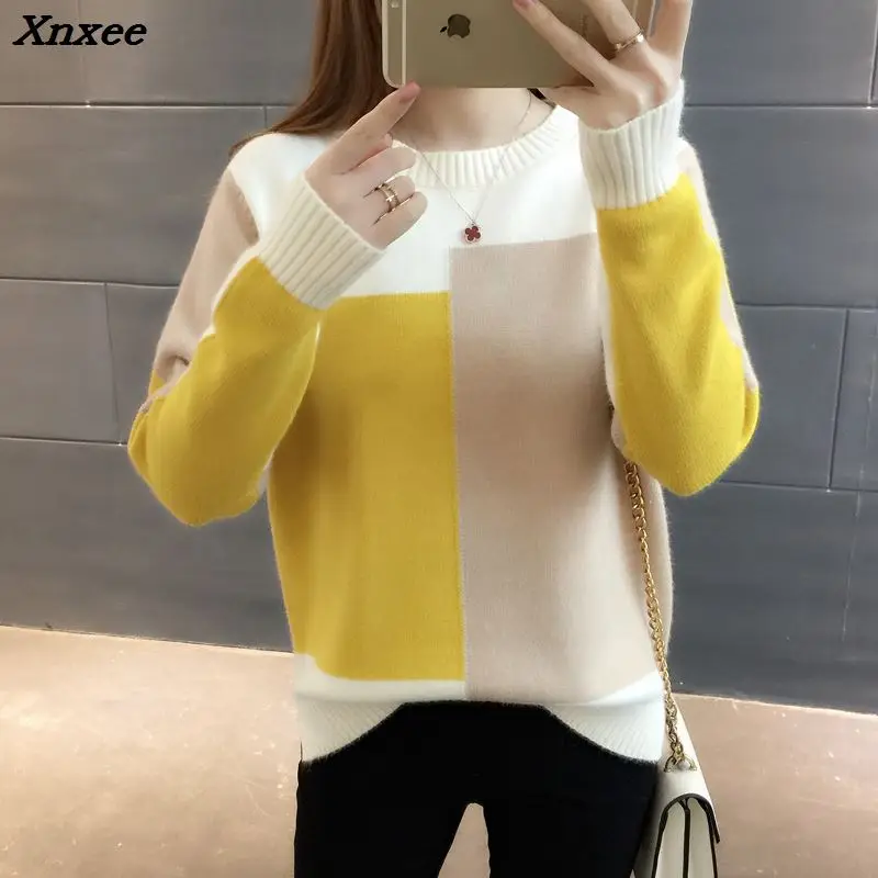 Spring Autumn Women Sweater Pullover 2018 New Fashion Colorblock O-neck Loose Knit Bottom Sweater Large size Women Clothing 230