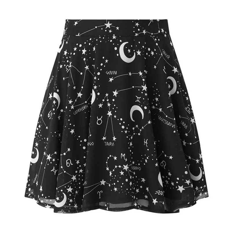 Chiffon Skirts Milky Way Star Moon Pattern Print Summer Mini for Gothic Girls 2020 Women's Punk Dark Pleated | Женская одежда