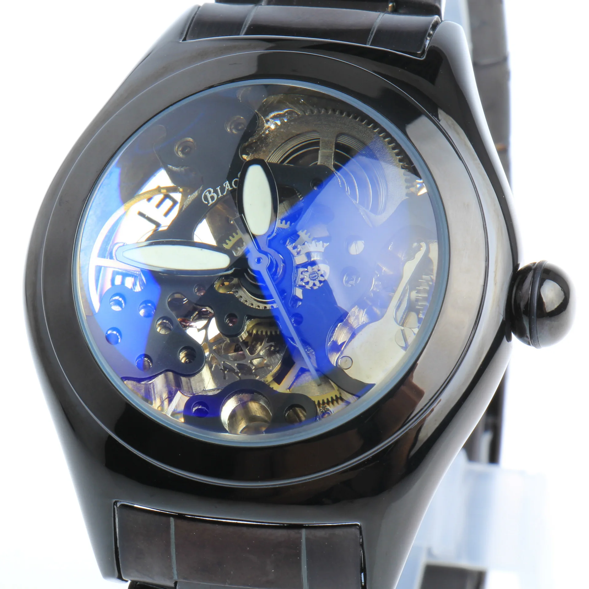 BIAOKA 3d Logo Design Blue convex glass Hollow Engraving Leather Steel Skeleton Mechanical Watches Men Brand