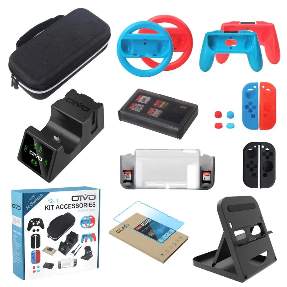

12 In 1 Game Accessories Kit For Nintend Switch With Controller Charging Dock Carry Case Game Card Case Joy-Con Grips And Wheels