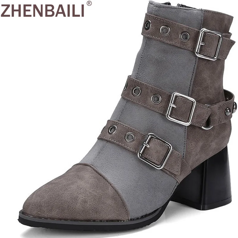 

ZHENBAILI Autumn Winter Short Plush PU Shoes Block Heeled Buckle Detail Side Zip Ankle Boots Pointed Toe High Heel Women Boots