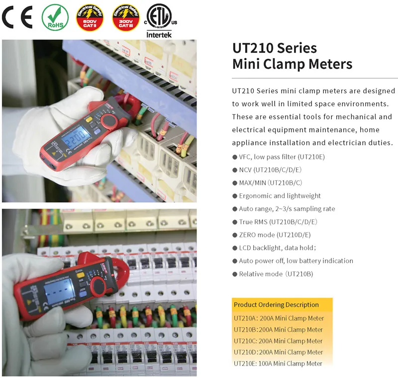 UNI-T UT210E/UT210D Мини цифровые клещи; Амперметр True RMS100A-200A, V. F. C./NCV/температурный тест, ЖК-подсветка