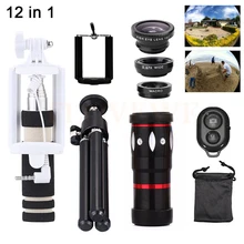 12в1 Мобильный объектив 10X телефото зум Lentes Широкоугольные Макро линзы с рыбий глаз с штативом селфи палка для iPhone 6 7 сотовый телефон