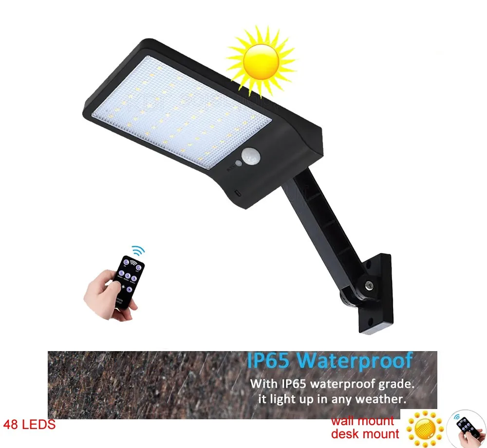 

desk wall mount remote control rotate bracket solar street light Upgraded 48 LED Solar Light Ultra-thin Wireless PIR Motion Sens