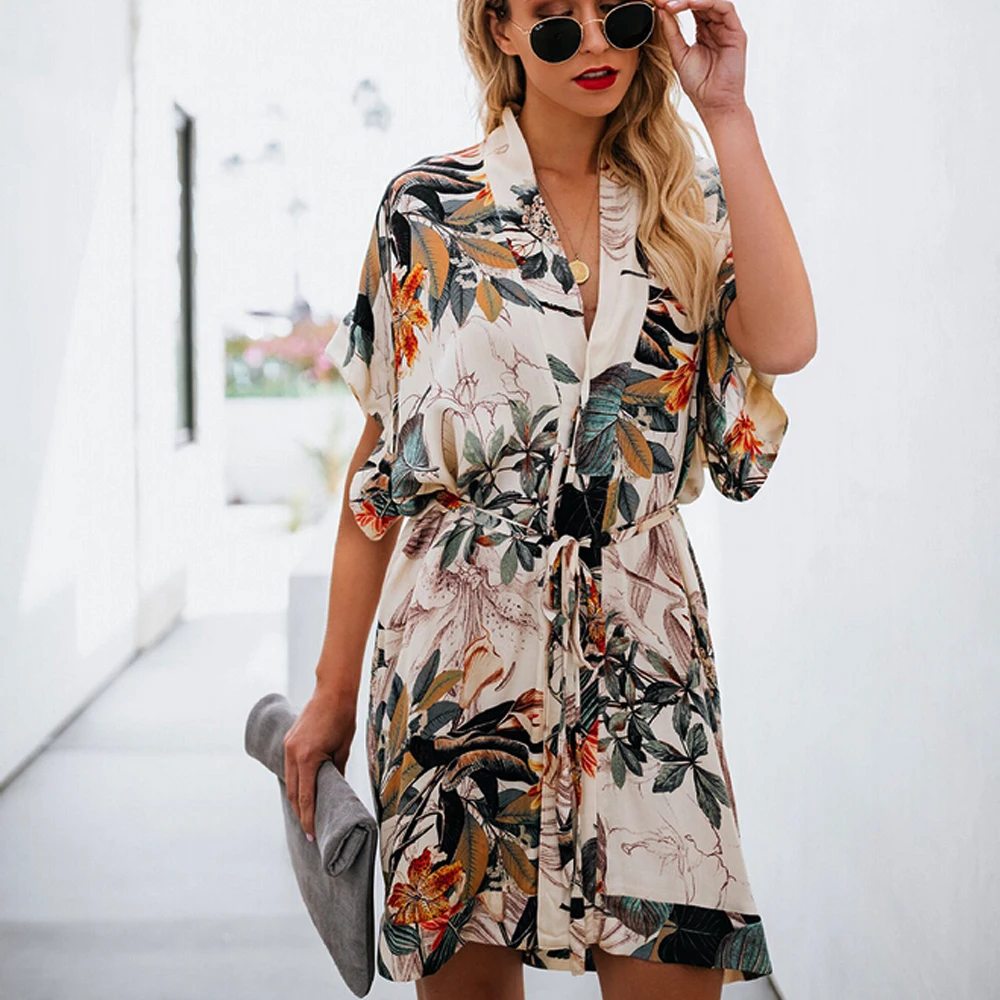 

High quality comfortable v-neck mini dress with loose belt and elegant women's print idyllic style summer Fashion Sweet New