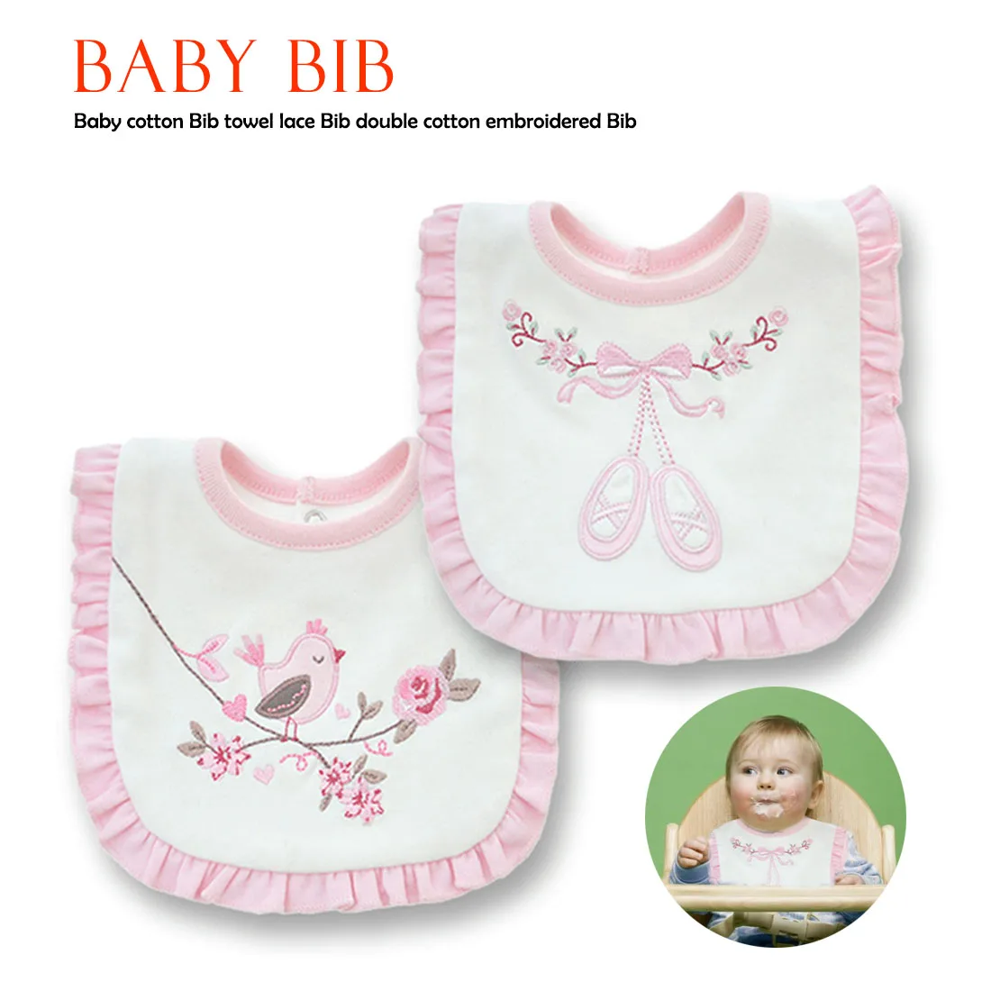 

Face Towel Baby Towel Lace Bib Bibs Double-Layer Cotton Embroidered Bib Bird Branch Baby Cotton Cute Pink Baby Bib Wipes