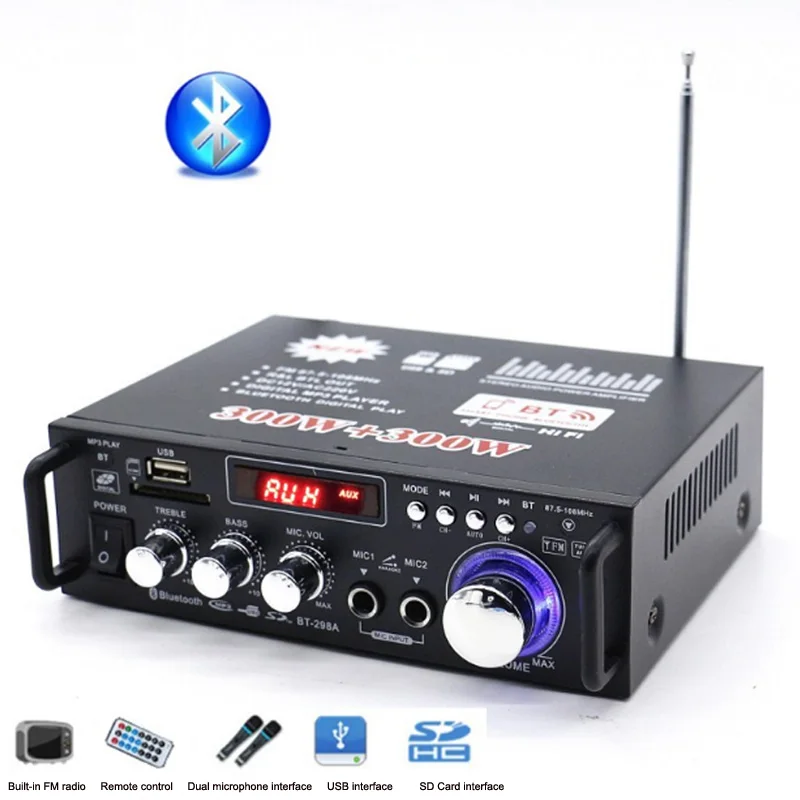 

DC12 / AC 220V Mini 2 Channel Power Bluetooth Amplifier SD Card Player FM Electronic Hifi Stereo Audio Amplifiers