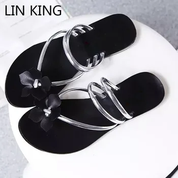

LIN KING Fashion Solid Floral Women Slippers Low Heel Comfortable Summer Outdoor Shoes Casual Girls Anti Skid Beach Flip Flops