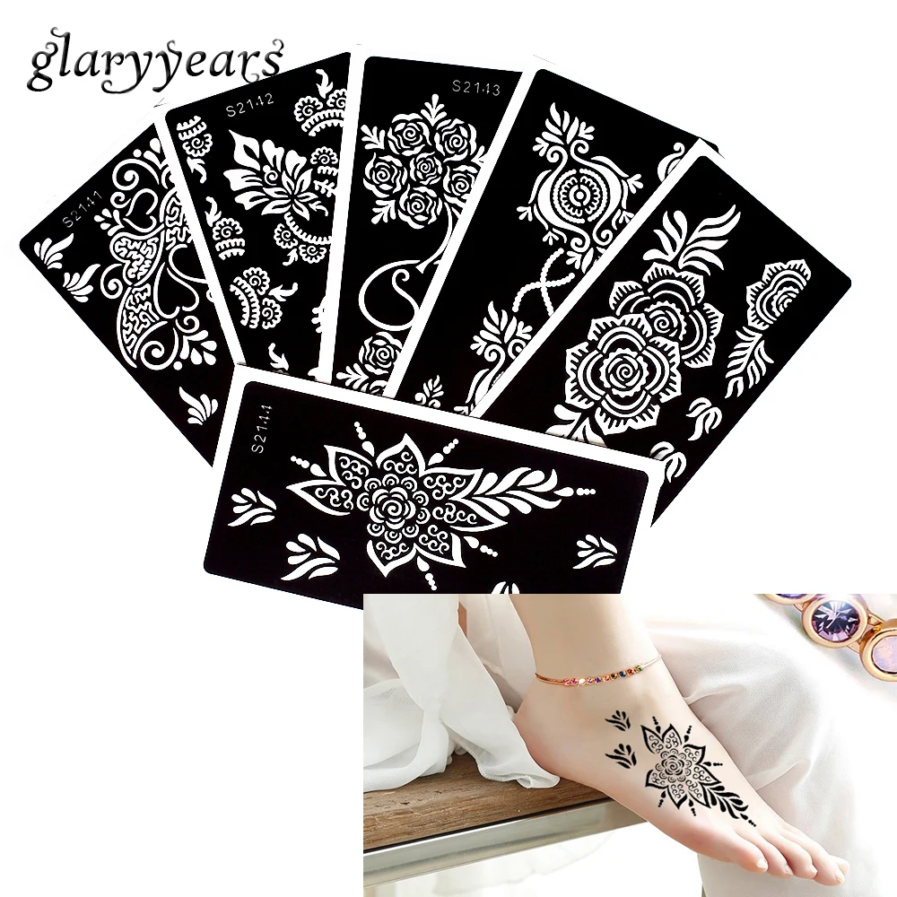 6 Pieces Henna Tattoo Stencil Bunga Mawar Pola Pasta Menggambar Lady