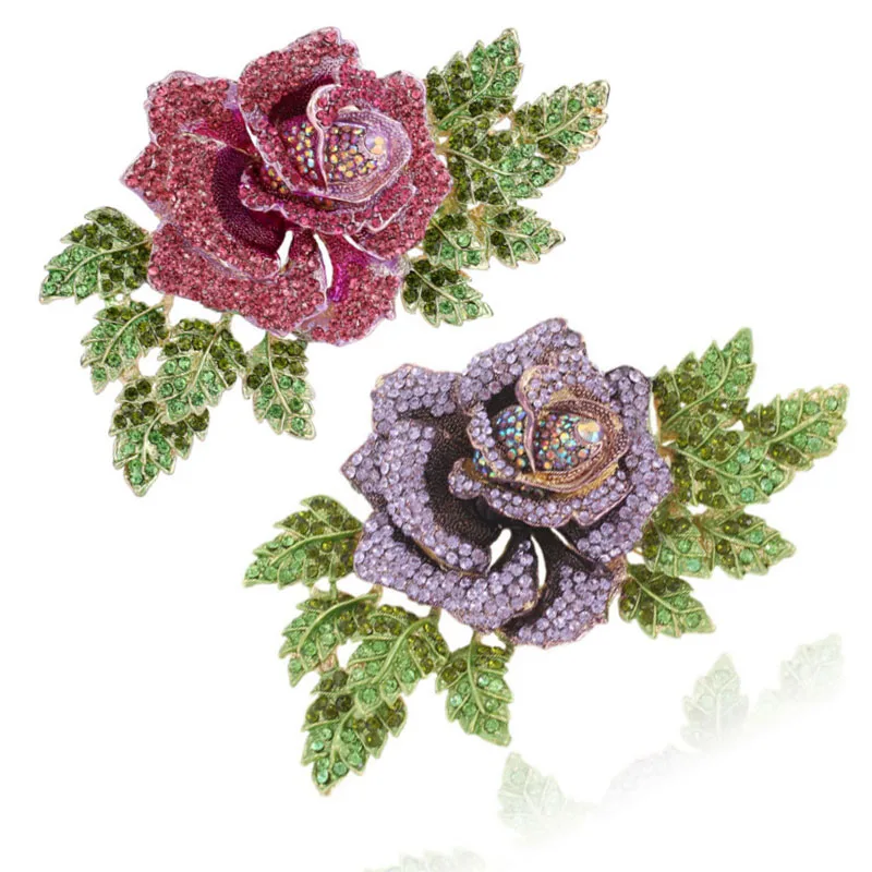 Crystal Rose Flower Brooch Pin Rhinestone Alloy Rose plant Brooches wedding Gift Garment Accessories