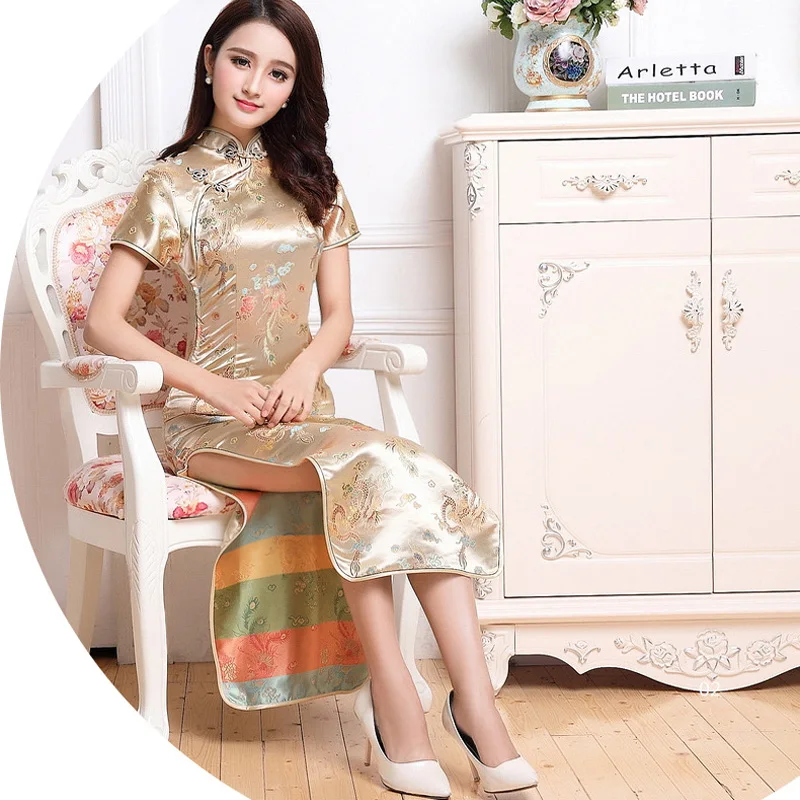Online Get Long Sleeve Bridesmaid Dresses Gold Aliexpress Gold Chinese Traditional Bridesmaid Dress Women S Silk Satin Cheongsam Qipao Summer Short Sleeve Long M L