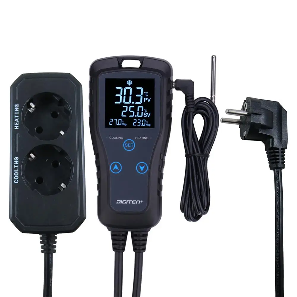 

DIGITEN DTC102EU Digital LCD Thermostat Pre-wired Temperature Controller Heating Cooling 2 Stage Outlet EU plug