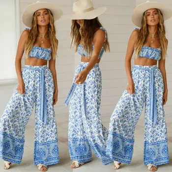 

Women Sleeveless Crop Top Casual Loose Jumpsuit Long Pants Outfits 2pcs Cover-Ups Boho Style Playsuit