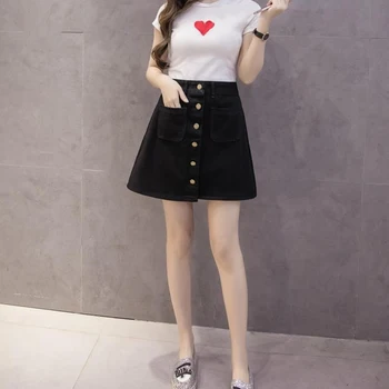 

Fashion A-Line Korean Jeans Skirt 2019 New Thin Single Breast Button Slim Waist Denim Skirts Summer Cheap Sexy Skirt Women