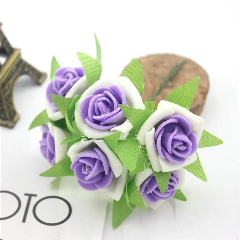 6 шт./лот, искусственные шелковые розы, ПЭ пена, Мини искусственные шелковые цветы, свадебный букет, декоративные цветы и гирлянды - Цвет: white purple