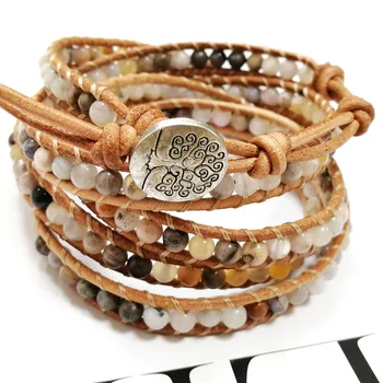

Yuteng 5 Row Natural Stone Handmade Leather Wrap Bracelet Genuine Leather 4mm Ocean Agates Cuff Bracelet Unisex LL8224