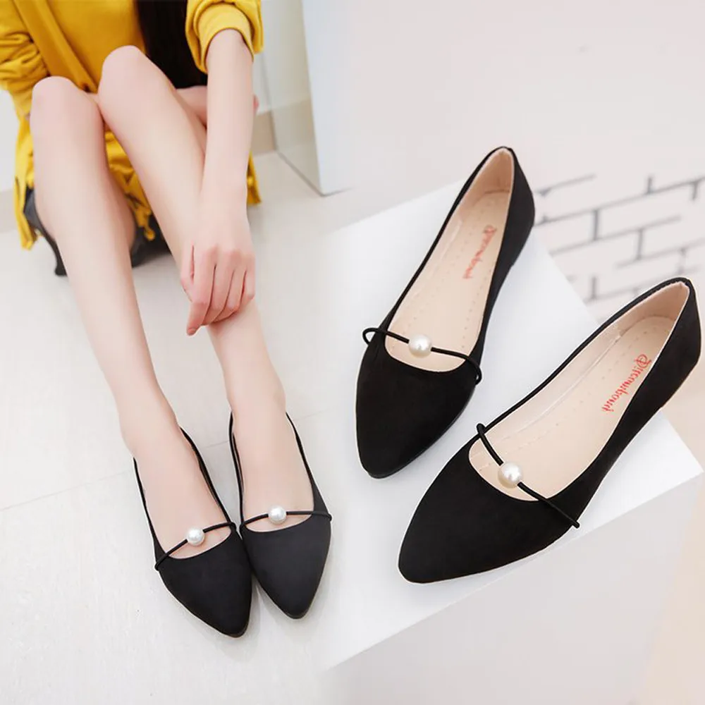 Dress-shop Shallow Flats Womens Suede Flat Heel Pearl Flat Heel Pointed Casual Ladies Flat Shoes,Brown,9,US