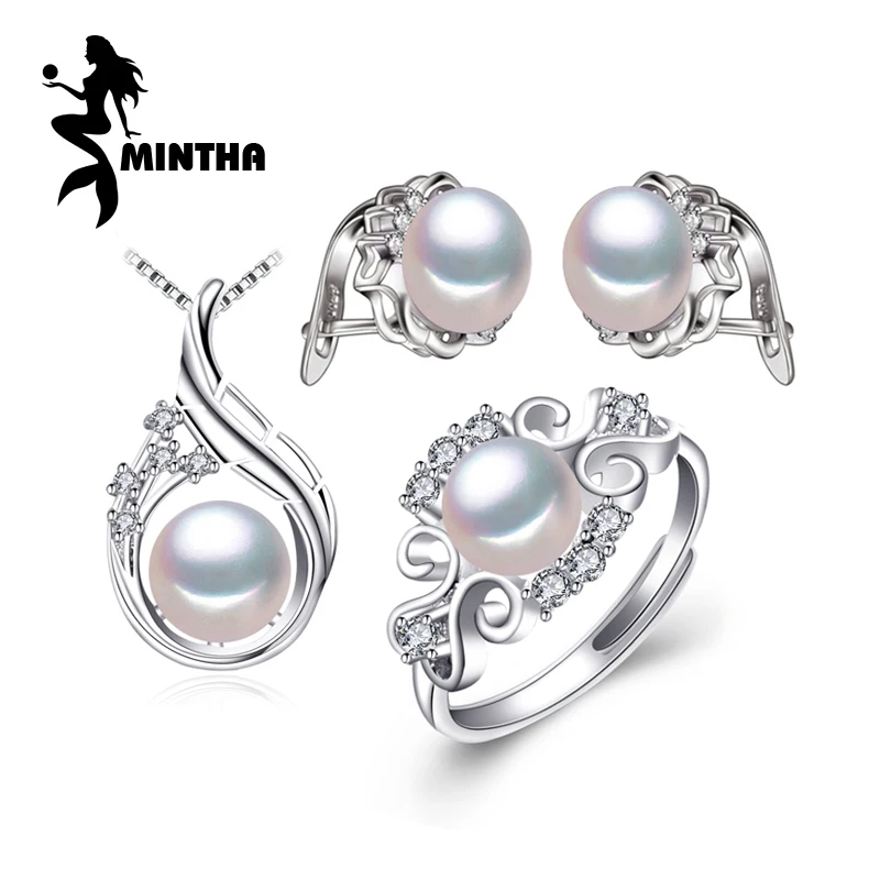 

MINTHA 925 Sterling Silver Earrings natural Pearl Jewelry Sets For women bohemian Jewelry Sets Stud Earrings Party Rings