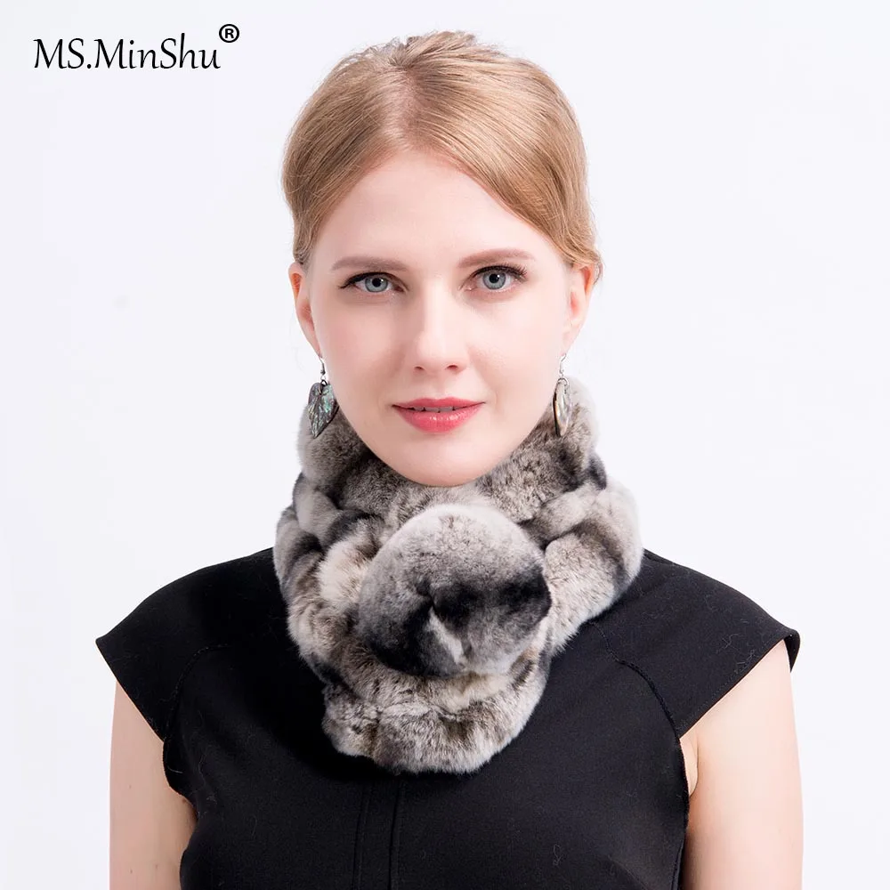 

MS.MinShu Rex Rabbit Fur Scarf Chinchilla Design Rex Rabbit Fur Scarf Thicken Winter Neck Warmer Fashion Woman Soft Fur Scarf