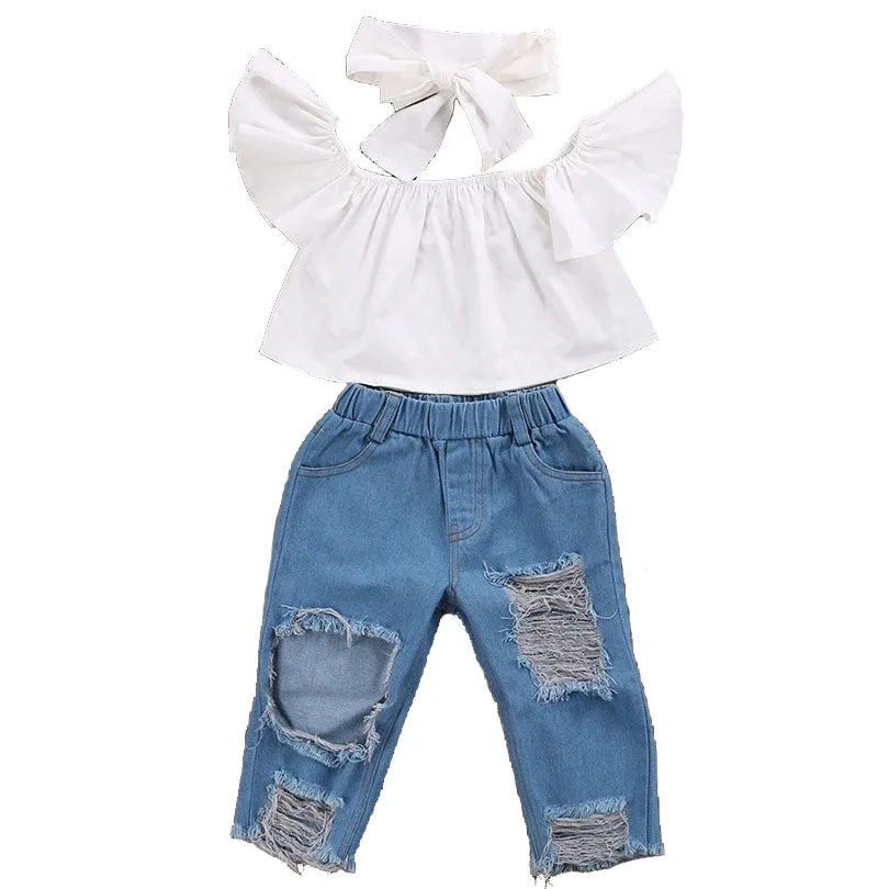 CVGLCOL/одежда для малышей Комплект детской одежды для девочек, костюм с открытыми плечами для маленьких девочек белый укороченный топ+ повязка на голову+ штаны, джинсы с дырками