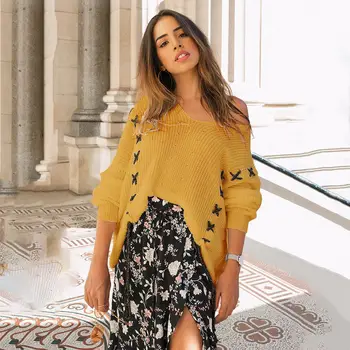 

Women Sexy V-neck Sweater Female Fashion Loose Long Sleeves Knitted Sweaters Ladies Lace up Casual Knitted Sweater Spring New