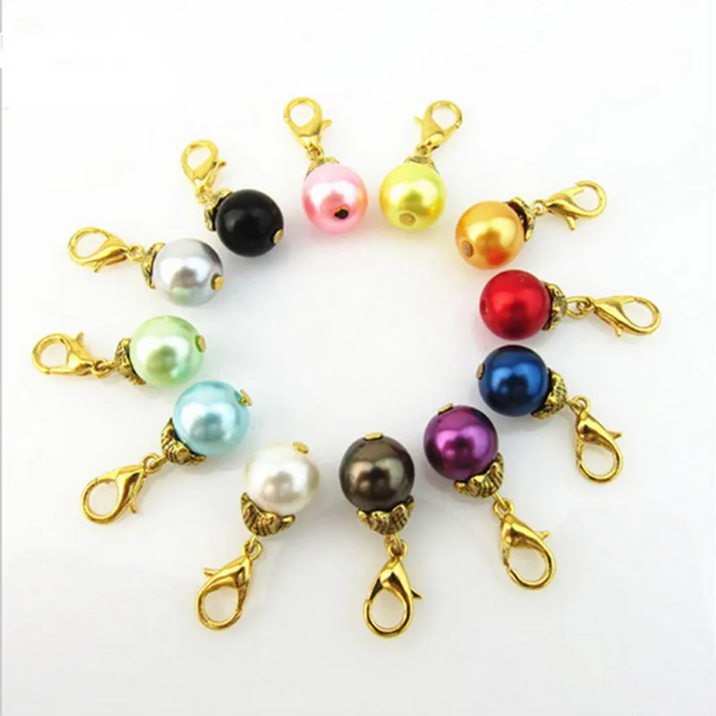 Mixed 12 colour Pearl Dangle Charms With Gold Lobster Clasp Charms For