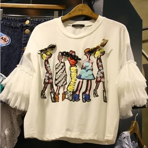 Женские футболки в Корейском стиле с блестками и мультяшными рисунками из лоскутной сетки, новинка, женские пуловеры с бисером и бантами, свободные женские футболки с коротким рукавом
